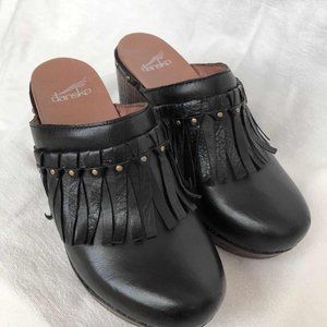 Dansko Deni Full Grain Black Leather Fringe Clogs